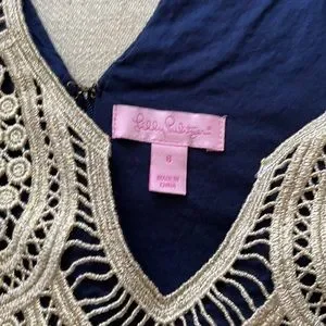 white and gold club dress Dress Designer By Lilly Pulitzer In Blue & White, Size: L main image 1